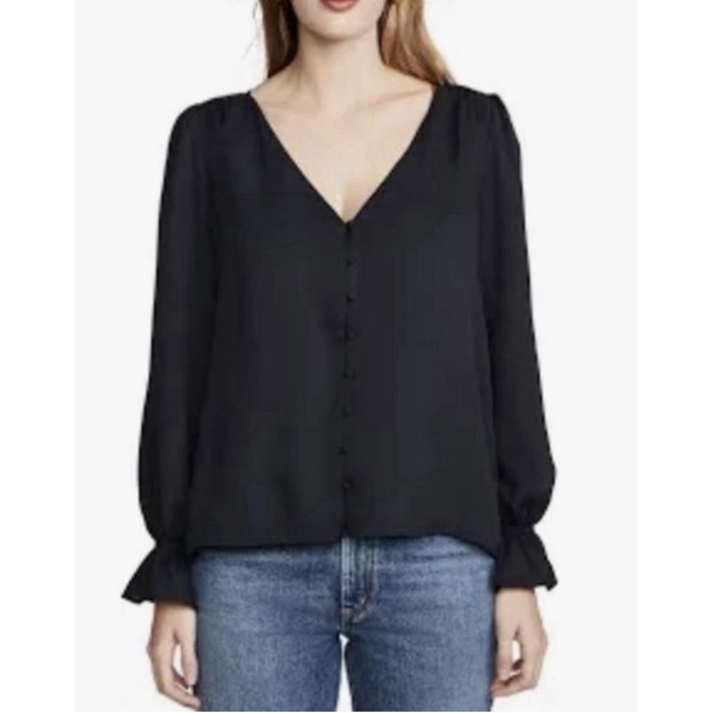 JOIE Bolona Puff Sleeve V-Neck Blouse Women's S Black Flutter Cuff